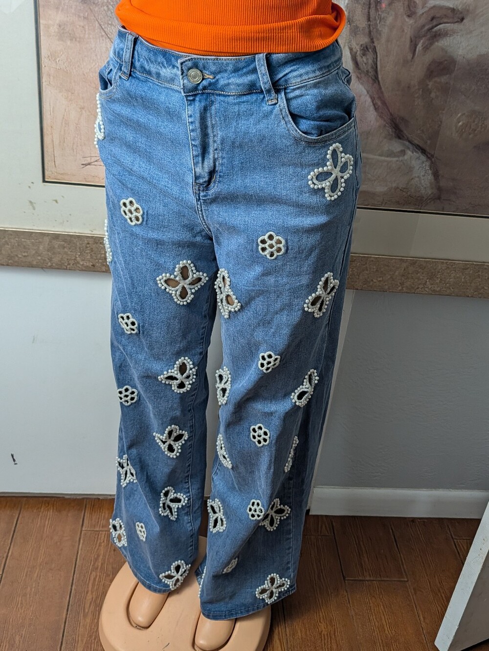 The Noli Shop Kaia Pearl High Rise Jeans Medium Blue Embellished Size 30